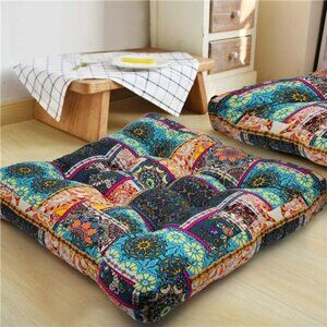 Turquoise Meditation Pillow for Floor, Square Bohemian Mandala Cotton 22x22inch